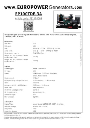 Generatori diesel Europower EP100TDE-3A (LS)
