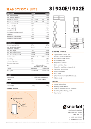 Piattaforme aeree verticali a pantografo su ruote Snorkel S1930E