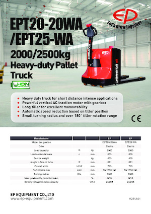 Transpallet elettr. a timone guida terra EP EPT20-20WA