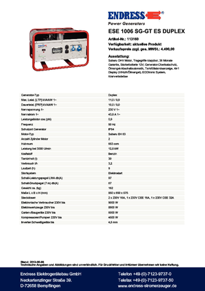 Generatori a benzina Endress ESE 1006 SG-GT ES Duplex