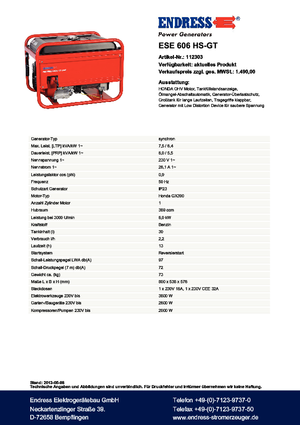 Generatori a benzina Endress ESE 606 HS-GT