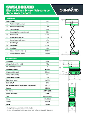Piattaforme aeree verticali a pantografo su ruote Sunward SWSL 0807 DC