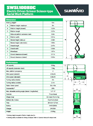 Piattaforme aeree verticali a pantografo su ruote Sunward SWSL 1008 DC