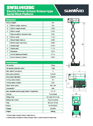 Piattaforme aeree verticali a pantografo su ruote Sunward SWSL 1412 DC